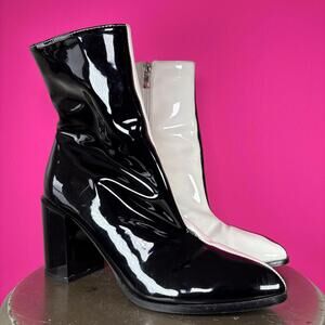 Nasty Gal Wynala Black White Patent Block Heel Ankle Boot UK 7 US 9